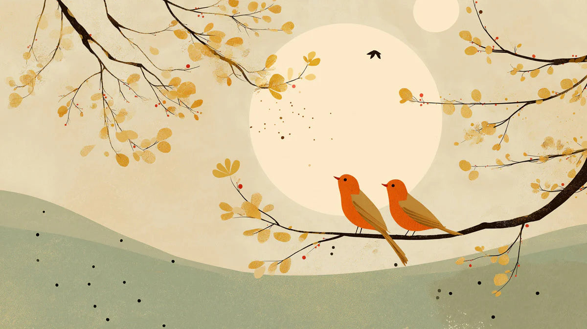 Autumn Songbirds Mural Wallpaper — Soft Ochre and Sage Illustration Mural Wallpaper - room preview 04