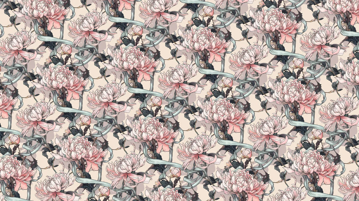 Chrysanthemum and Ribbon Mural Wallpaper — Art Nouveau Floral Mural Wallpaper - room preview 04