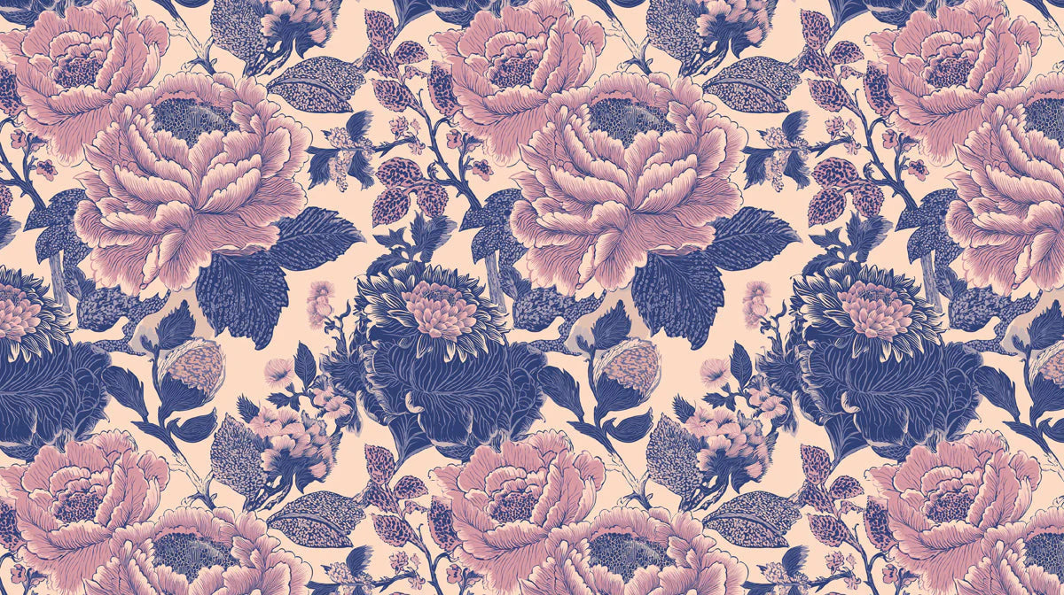 Vintage Peony Floral Mural Wallpaper in Soft Blush and Deep Indigo Mural Wallpaper - room preview 04