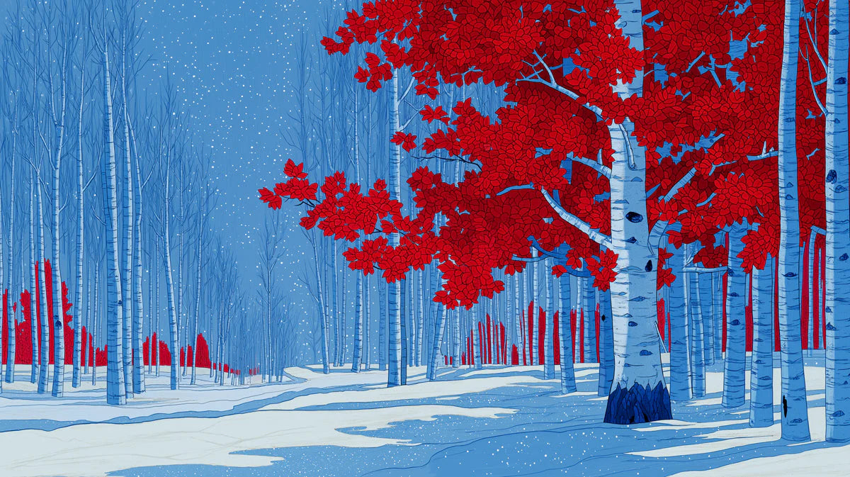Crimson Aspen Forest Mural Wallpaper — Vibrant Winter Scene Mural Wallpaper - room preview 04