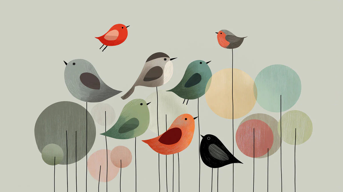 Whimsical Bird and Geometric Circle Mural Wallpaper - room preview 04