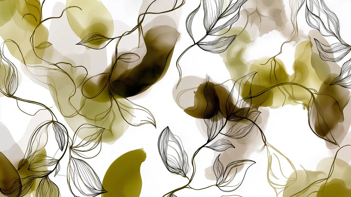 Olive Ink Botanical Mural Wallpaper with Fine Line Illustration Mural Wallpaper - room preview 04