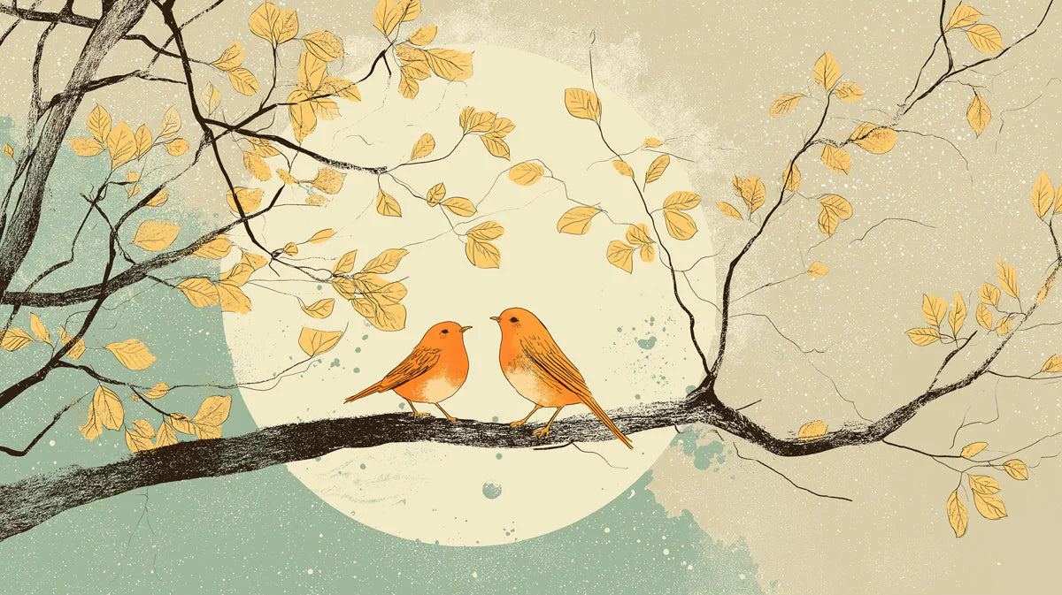 Golden Songbird Nature Mural Wallpaper — Artistic Branch Motif Mural Wallpaper - room preview 04