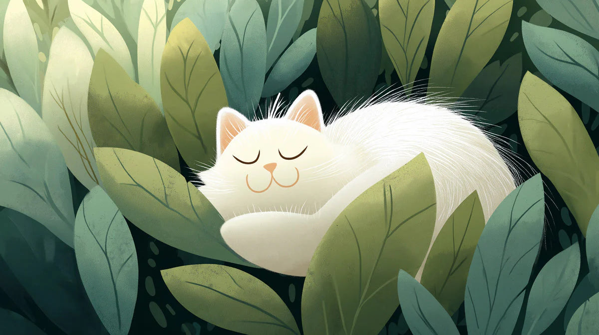 Sleeping White Cat Botanical Mural Wallpaper - room preview 04
