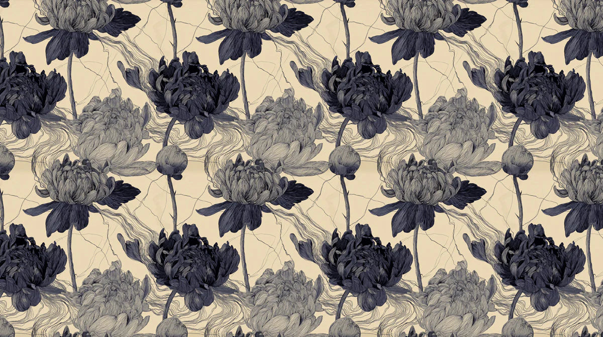Ink Wash Peony Mural Wallpaper in Monochrome and Cream Mural Wallpaper - room preview 04