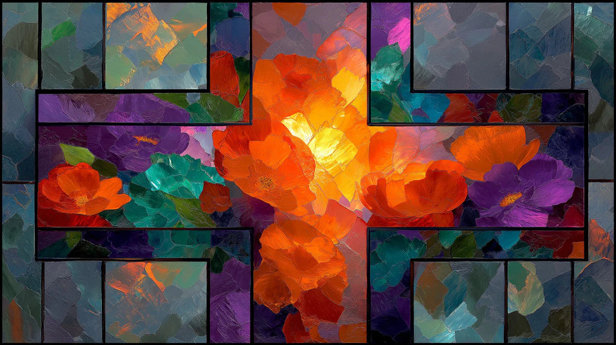 Stained Glass Floral Mural Wallpaper in Vibrant Oil Paint Style Mural Wallpaper - room preview 04