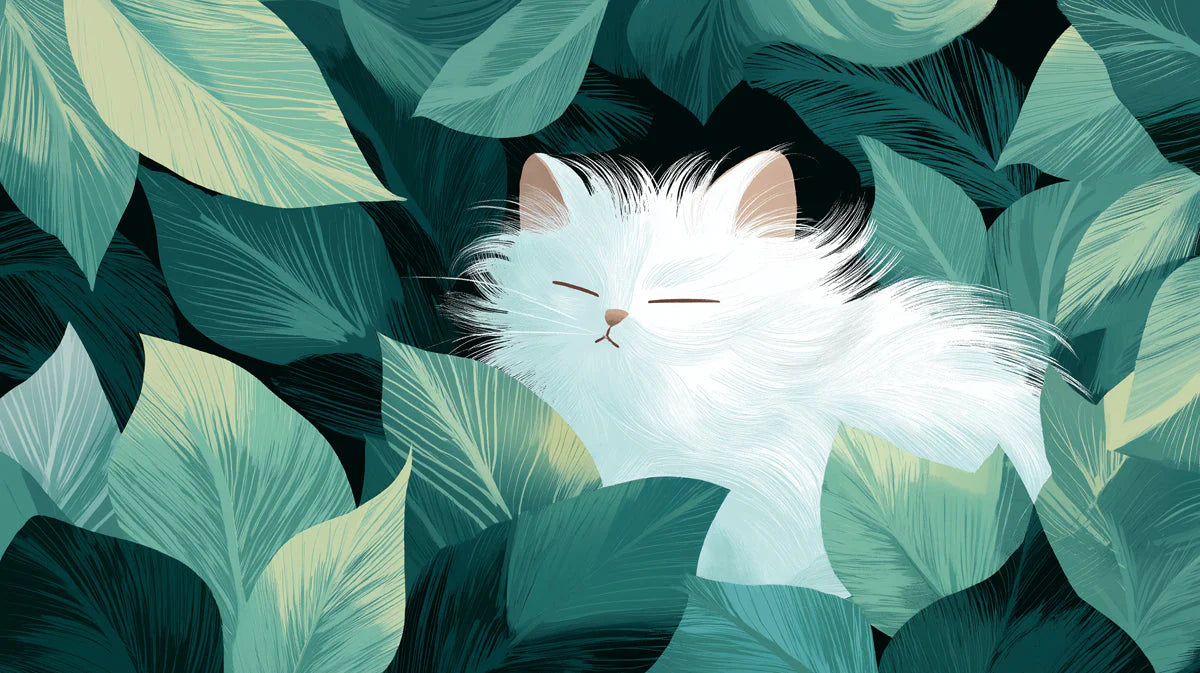 Sleeping White Cat in Tropical Foliage Mural Wallpaper - room preview 04