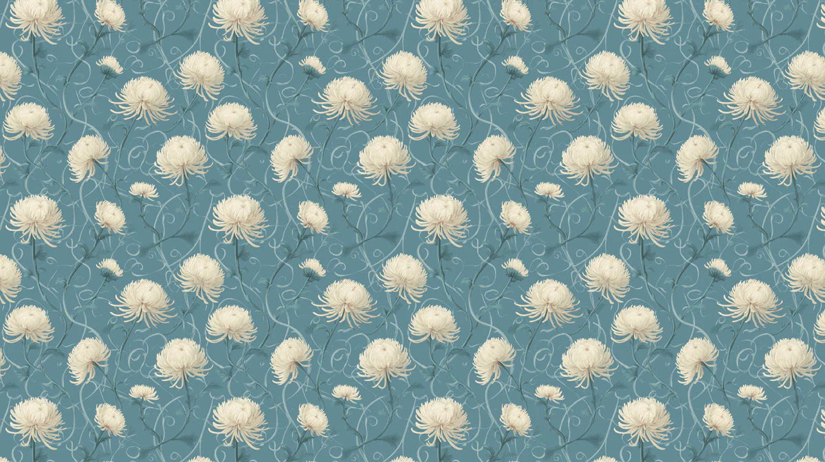 Vintage Chrysanthemum Mural Wallpaper in Dusty Blue Mural Wallpaper - room preview 04