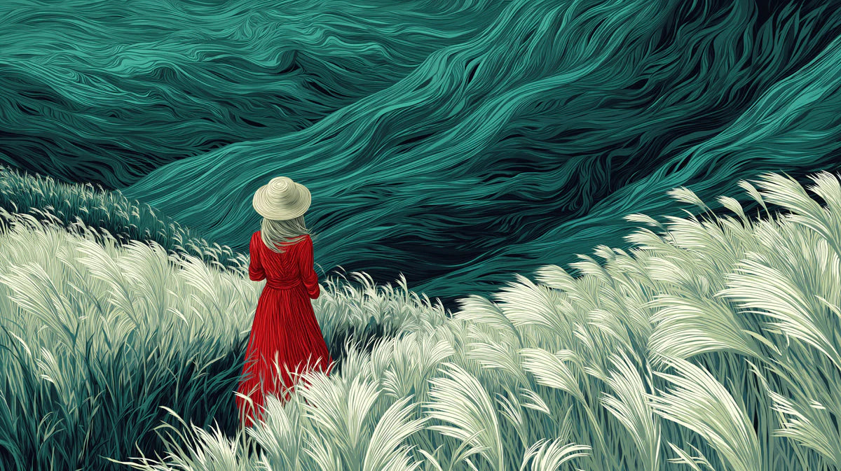 Woman in Red Dress Meadow Mural Wallpaper — Artistic Landscape Mural Wallpaper - room preview 04