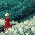 Woman in Red Dress Meadow Mural Wallpaper — Artistic Landscape Mural Wallpaper - room preview 04