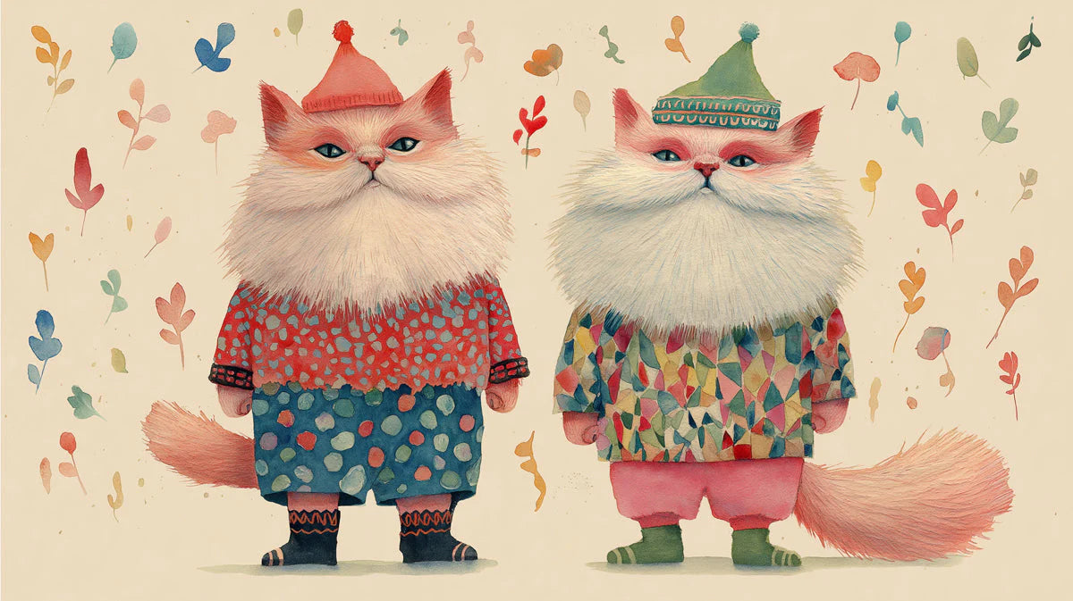 Whimsical Dressed Cats Mural Wallpaper — Hand-Painted Illustration Mural Wallpaper - room preview 04