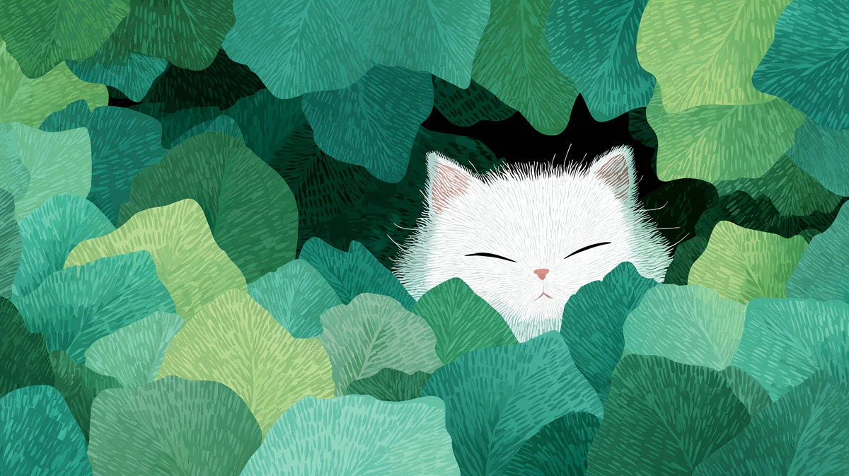 Sleepy White Cat in Tropical Leaves Mural Wallpaper - room preview 04