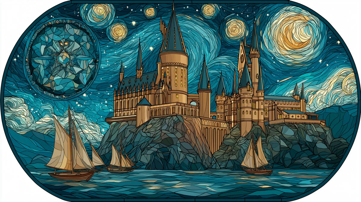 Stained Glass Fantasy Castle Mural Wallpaper — Moody Night Scene Mural Wallpaper - room preview 04