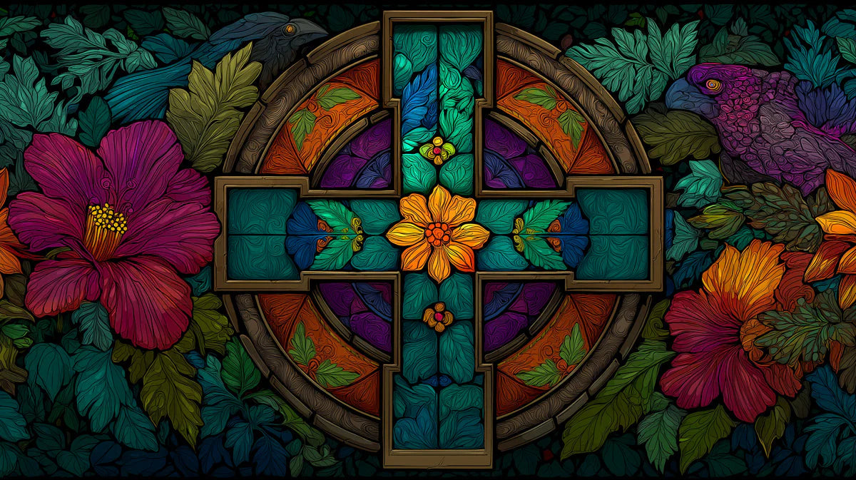 Stained Glass Cross Mural Wallpaper with Vibrant Floral Motif Mural Wallpaper - room preview 04
