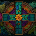 Stained Glass Cross Mural Wallpaper with Vibrant Floral Motif Mural Wallpaper - room preview 04
