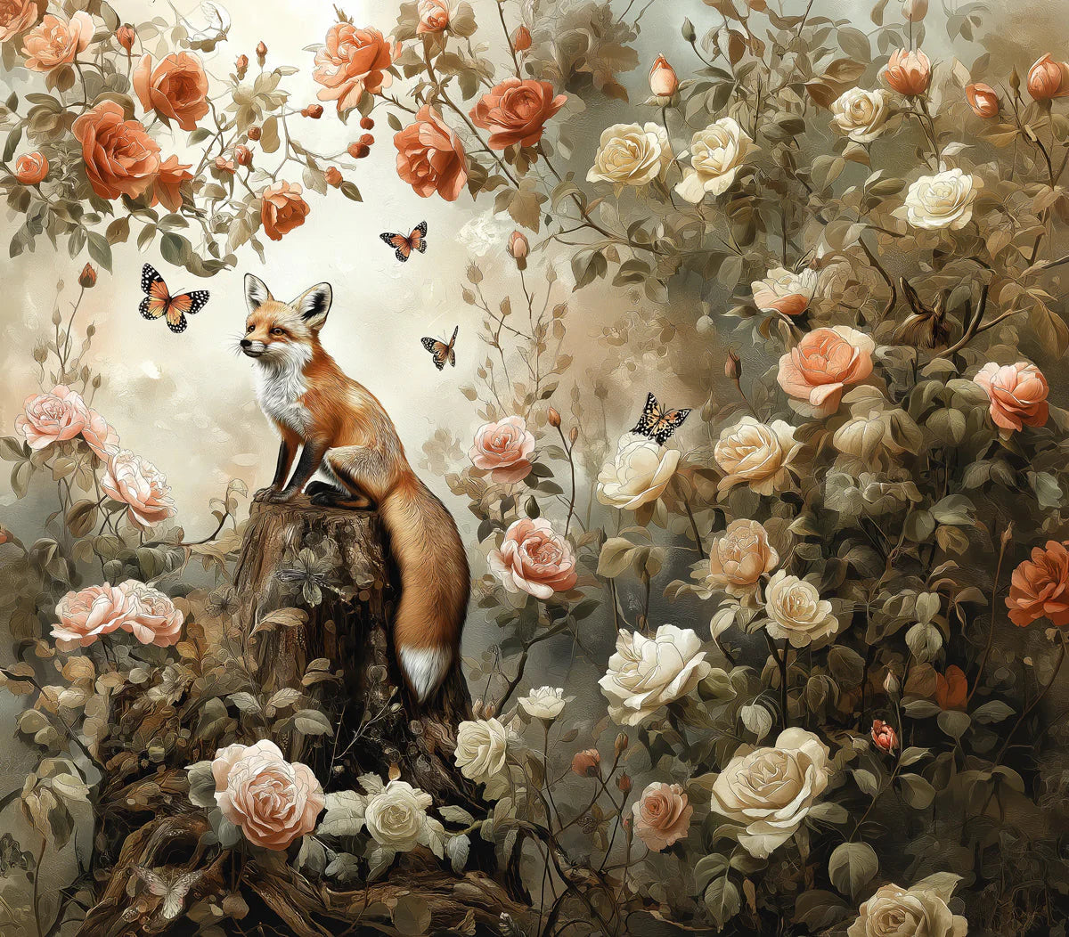Fox and Rose Garden Mural Wallpaper — Whimsical Nature Scene Mural Wallpaper - room preview 04