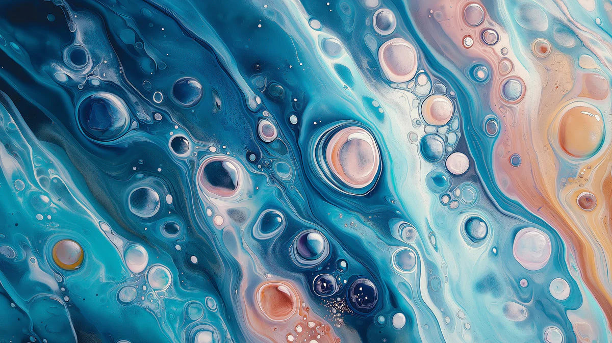 Oceanic Fluid Art Mural Wallpaper in Deep Teal and Soft Peach Mural Wallpaper - room preview 04