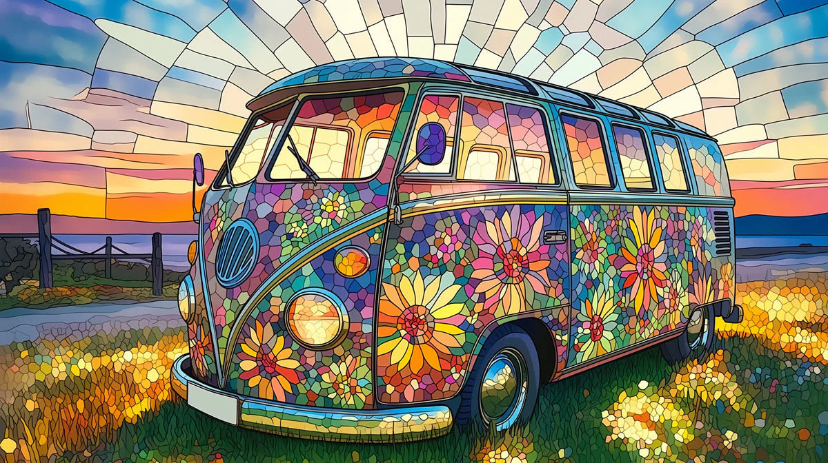 Stained Glass Camper Van Mural Wallpaper — Retro Floral Design Mural Wallpaper - room preview 04