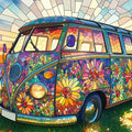 Stained Glass Camper Van Mural Wallpaper — Retro Floral Design Mural Wallpaper - room preview 04