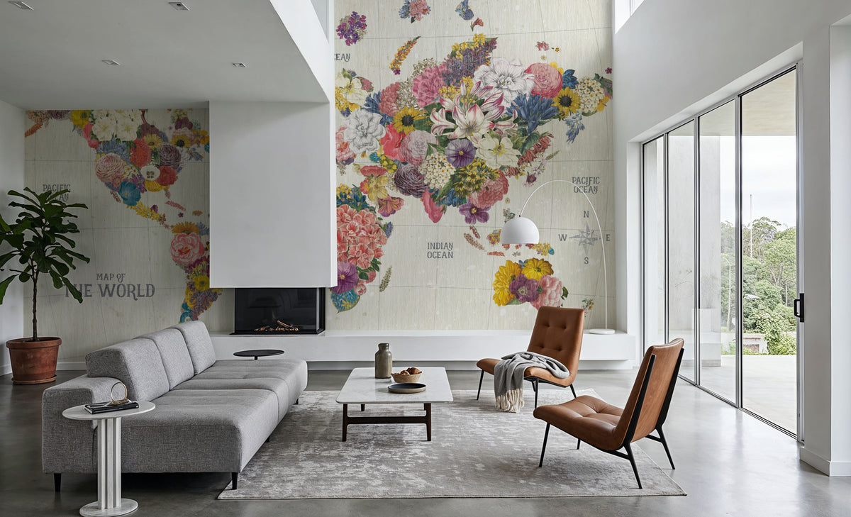 Botanical Floral Map Light Words Mural Wallpaper - room preview 04