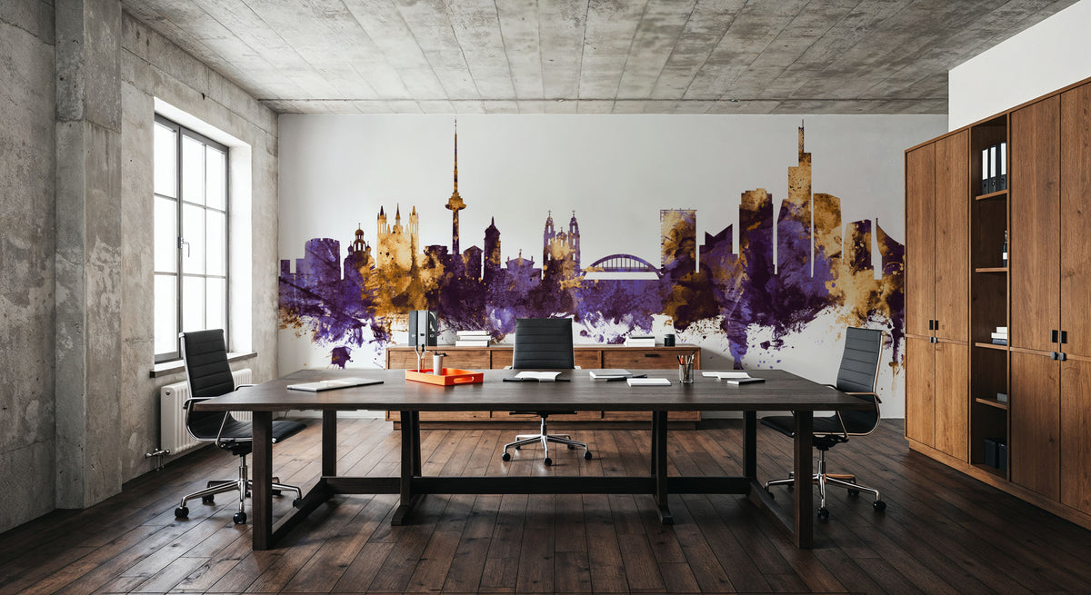 Vilnius Lithuania Skyline Purple & Gold Mural Wallpaper - room preview 04