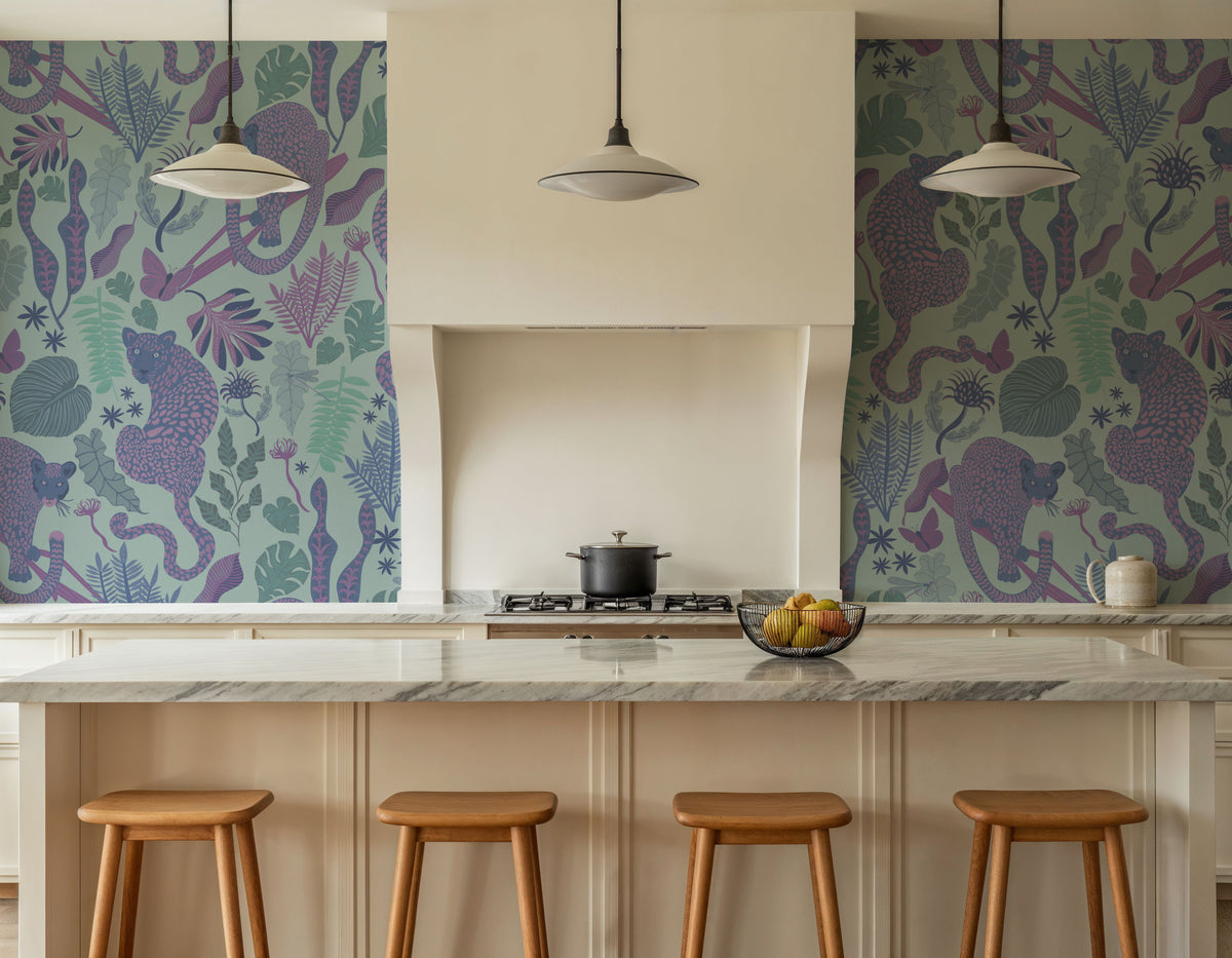 Jungle Leopards Violet & Mint Mural Wallpaper - room preview 04
