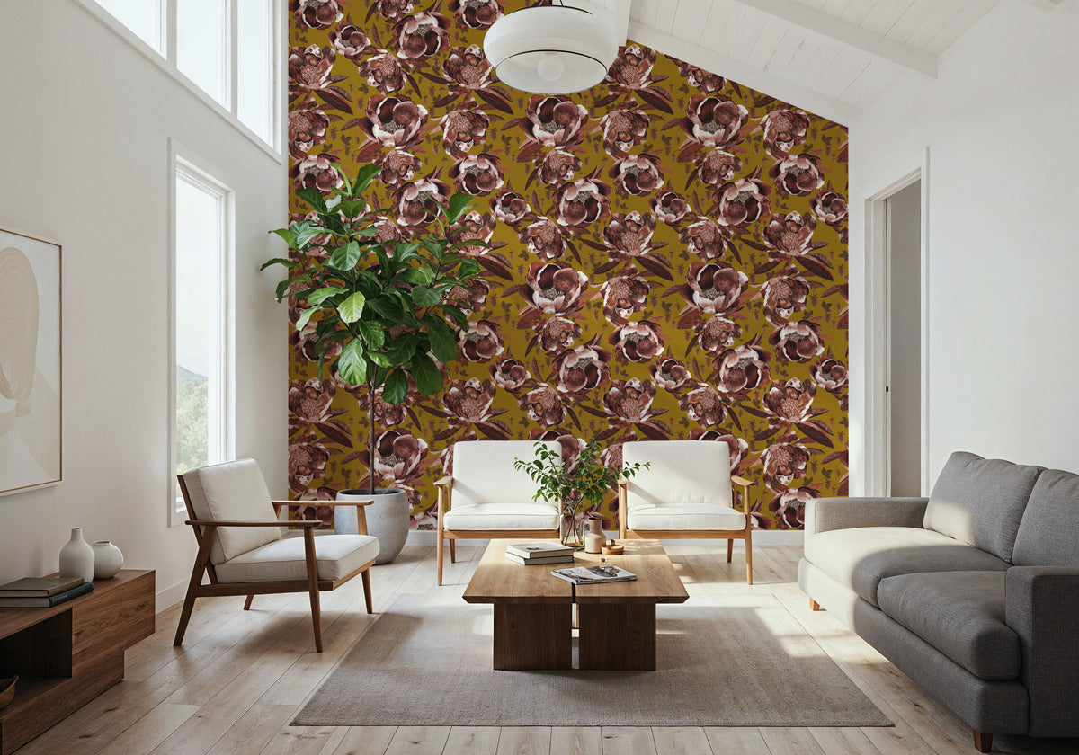 Pop Peonies, Rust & Mustard Mural Wallpaper - room preview 04