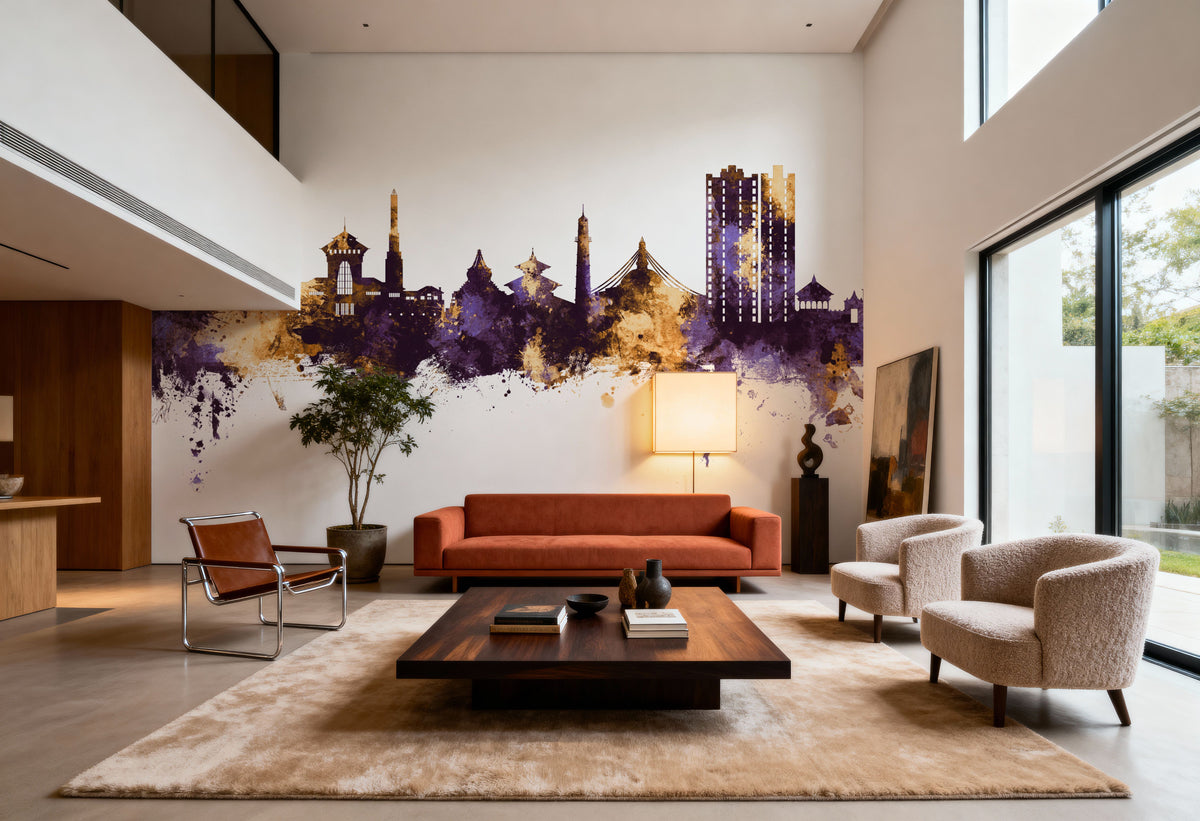 Kathmandu Nepal Skyline Purple & Gold Mural Wallpaper - room preview 04