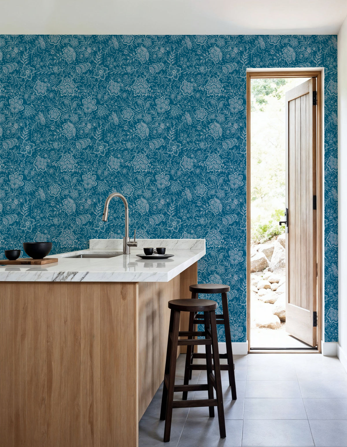 Kala Flowers White on Blue Mural Wallpaper - room preview 04