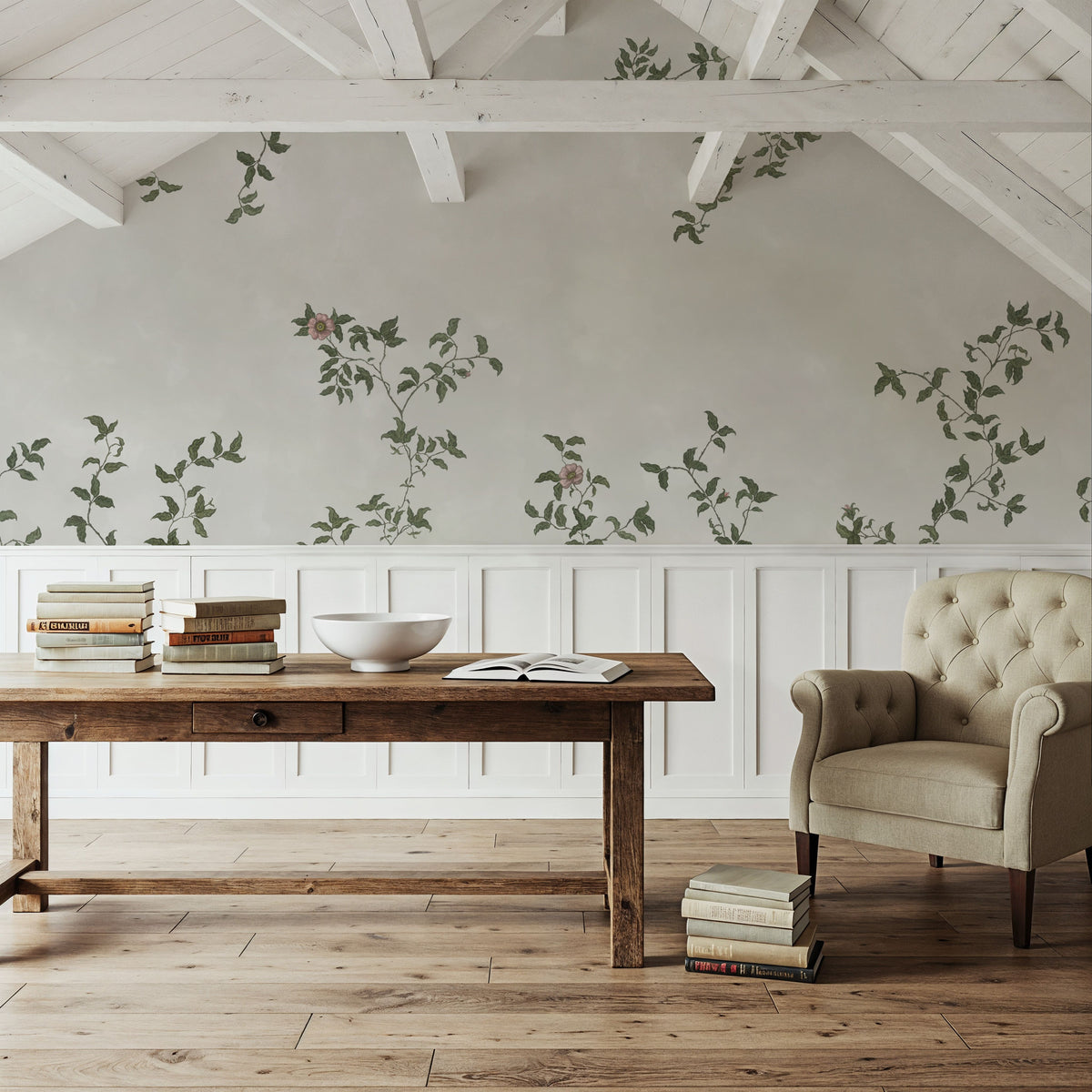 Rambling Rose, Dusty Pink on Cloud Mural Wallpaper - room preview 04