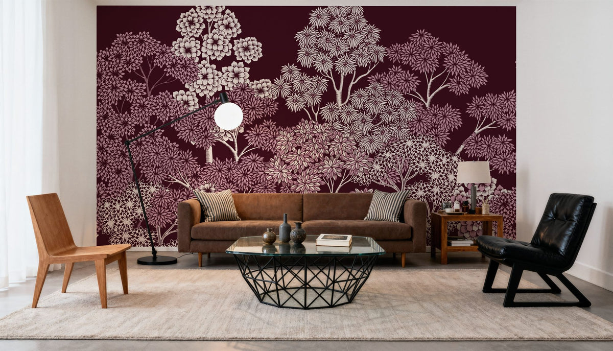 Overleaf Woodland, Burgundy Mural Wallpaper - room preview 04