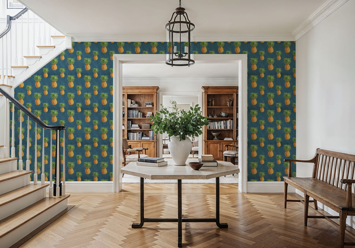 Pineapple Paradise Blue Mural Wallpaper - room preview 04