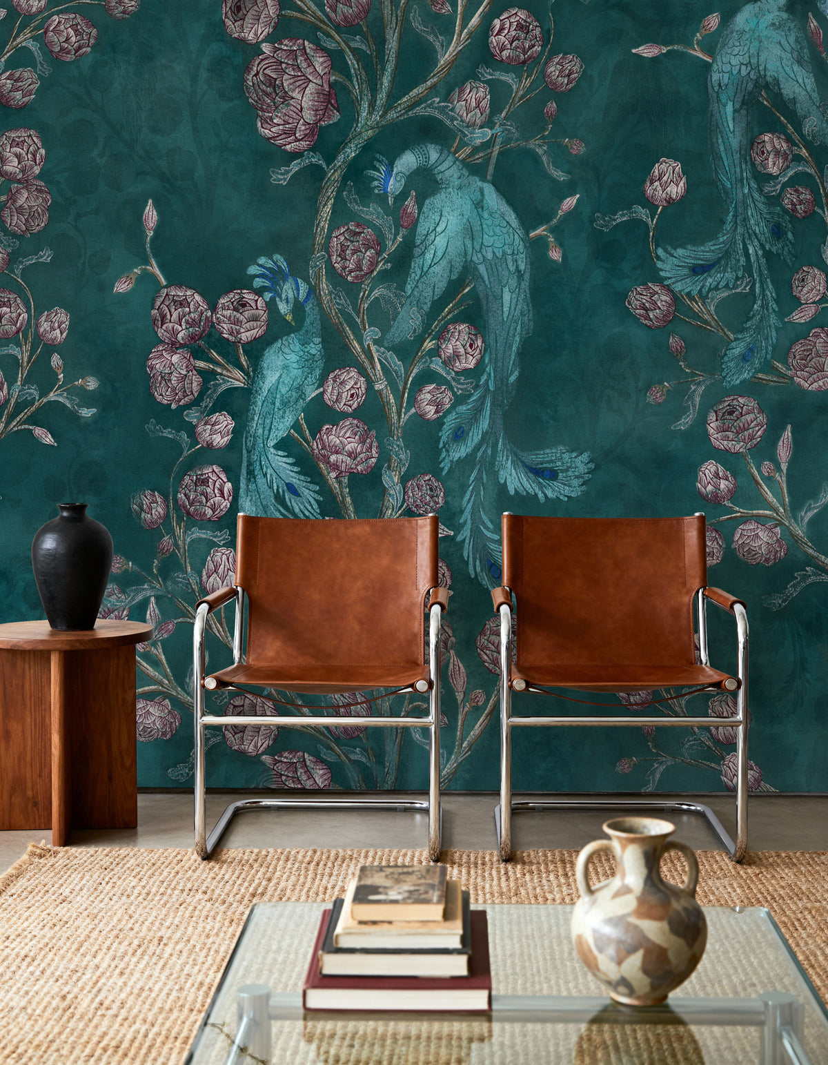 Peacock and Peony Chinoiserie Teal Mural Wallpaper - room preview 04