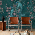 Peacock and Peony Chinoiserie Teal Mural Wallpaper - room preview 04
