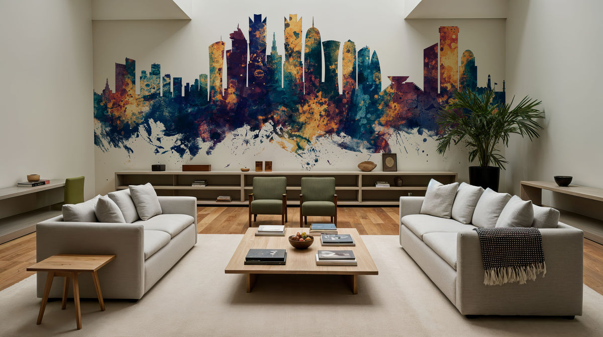 Doha Qatar Skyline Blue & Bronze Mural Wallpaper - room preview 04