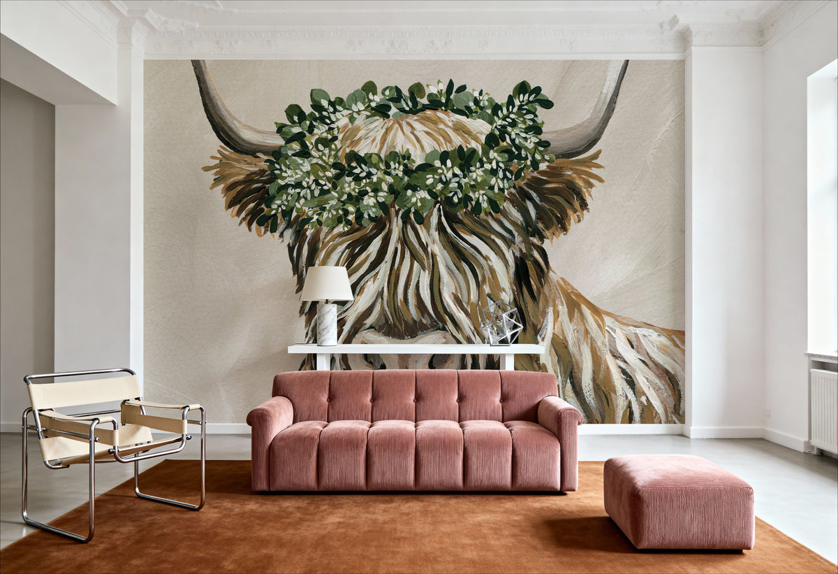 Harvest Cow Sage Square Mural Wallpaper - room preview 04