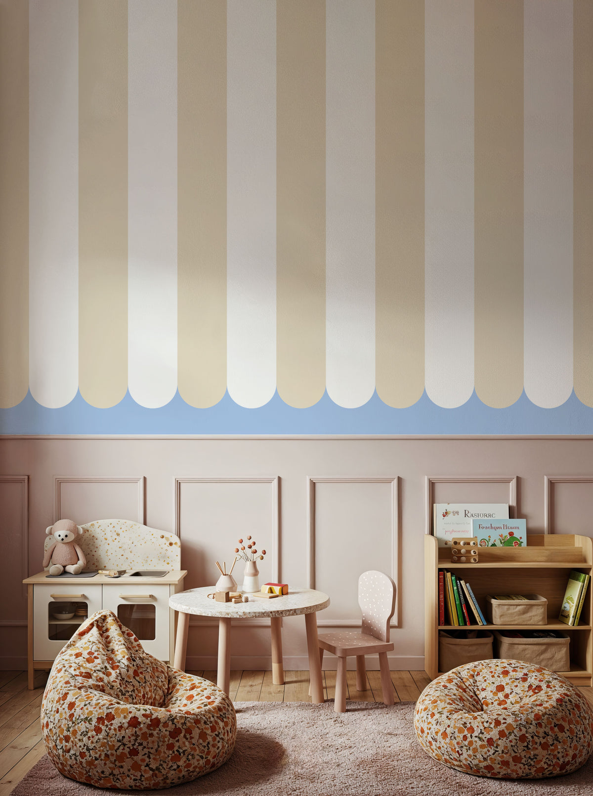 Scalloped Circus Stripes, Beige Mural Wallpaper - room preview 04