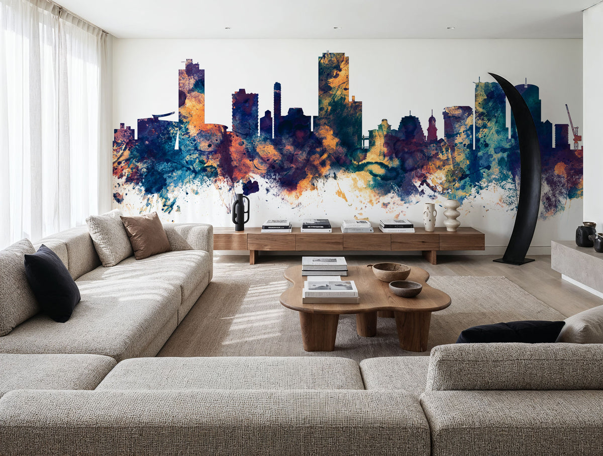Wellington New Zealand Skyline Blue & Bronze Mural Wallpaper - room preview 04