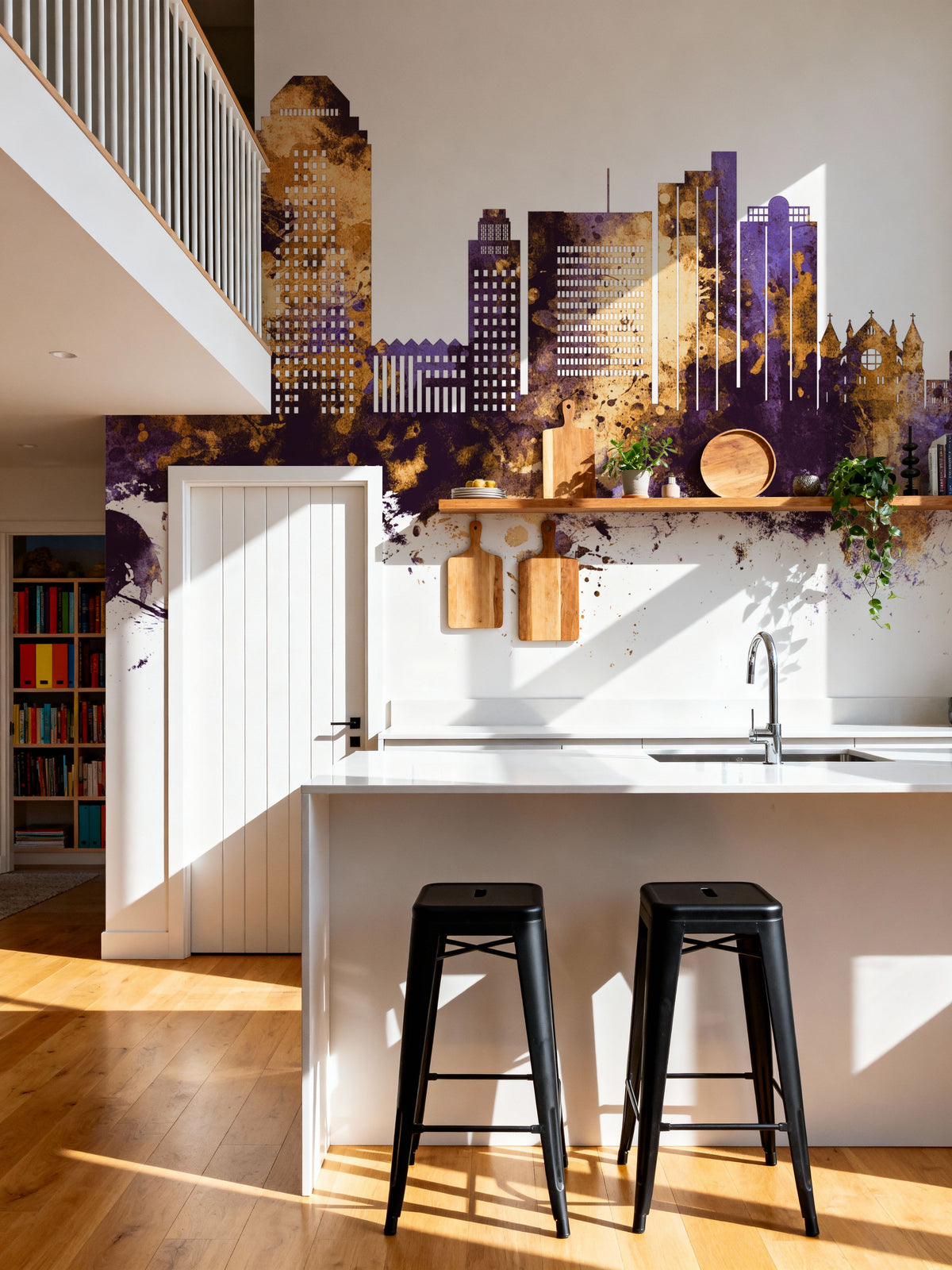 Shreveport Louisiana Skyline Purple & Gold Mural Wallpaper - room preview 04