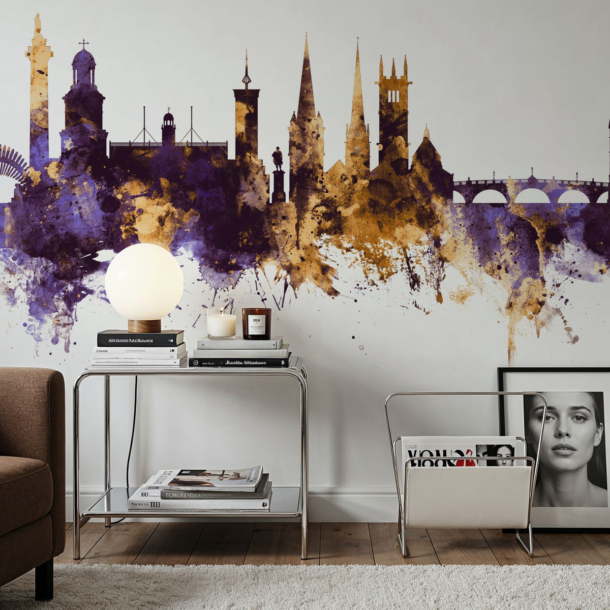 Shrewsbury England Skyline Purple & Gold Mural Wallpaper - room preview 04