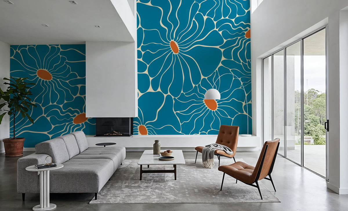 Cool Fluid Flowers Mural, Turqouise Mural Wallpaper - room preview 04