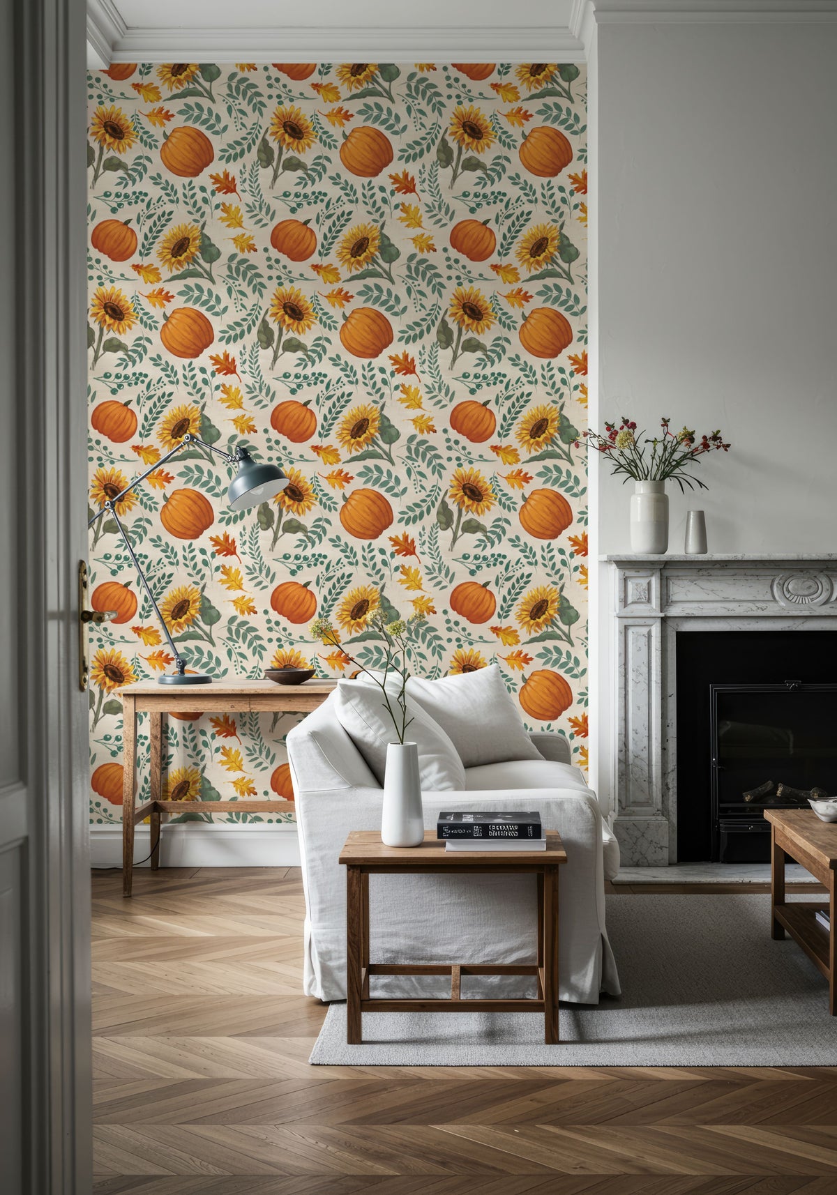 Pumpkin Harvest White Mural Wallpaper - room preview 04