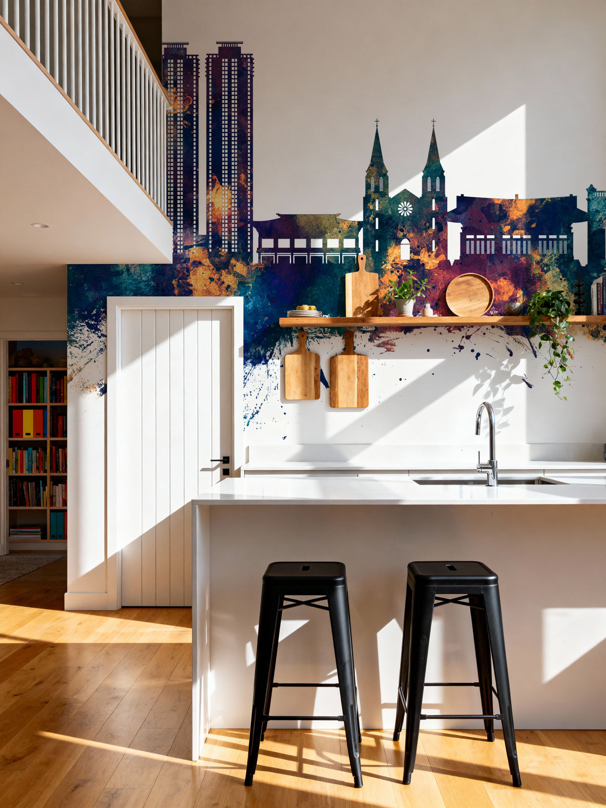 Daegu South Korea Skyline Blue & Bronze Mural Wallpaper - room preview 04