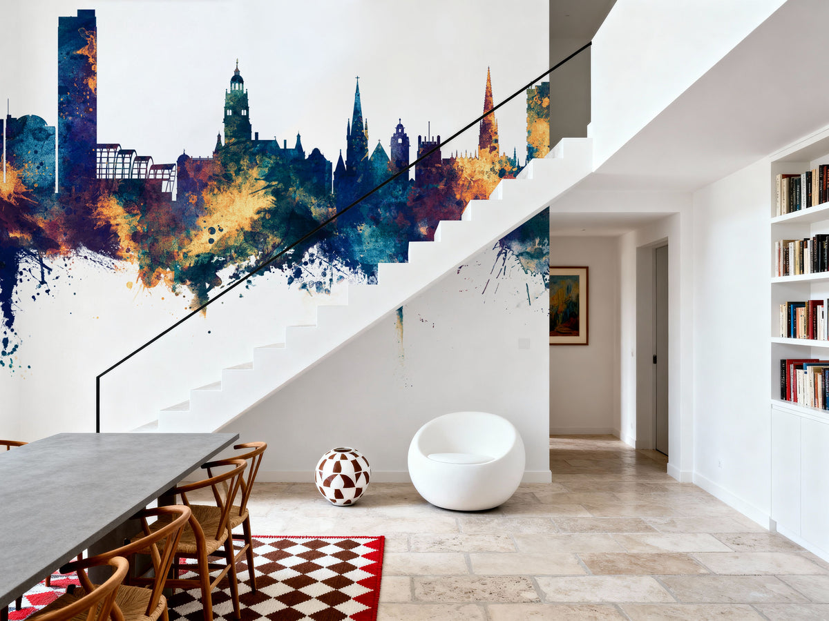 Sheffield England Skyline Blue & Bronze Mural Wallpaper - room preview 04