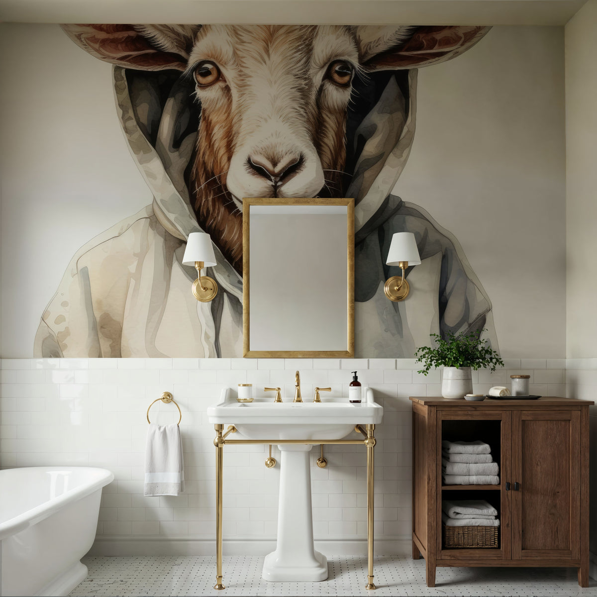 Watercolor Cartoon Goat in a Hoodie Mural Wallpaper - room preview 04