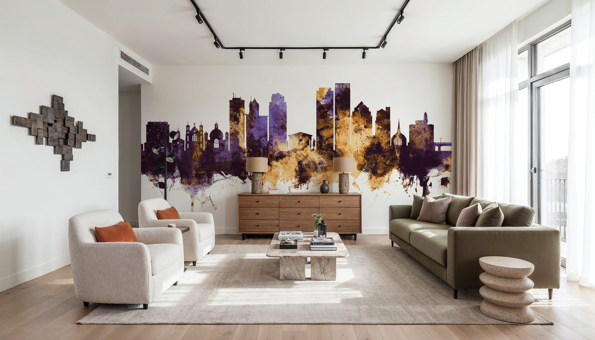 Dayton Ohio Skyline Purple & Gold Mural Wallpaper - room preview 04