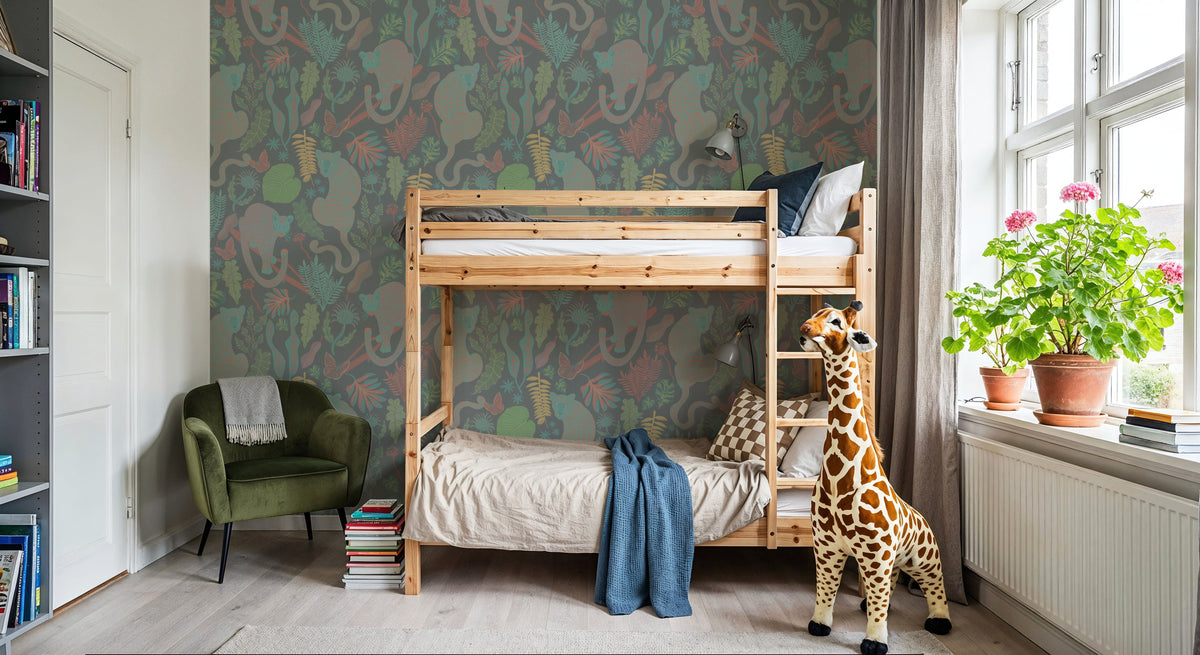 Jungle Leopards Washed Green Mural Wallpaper - room preview 04