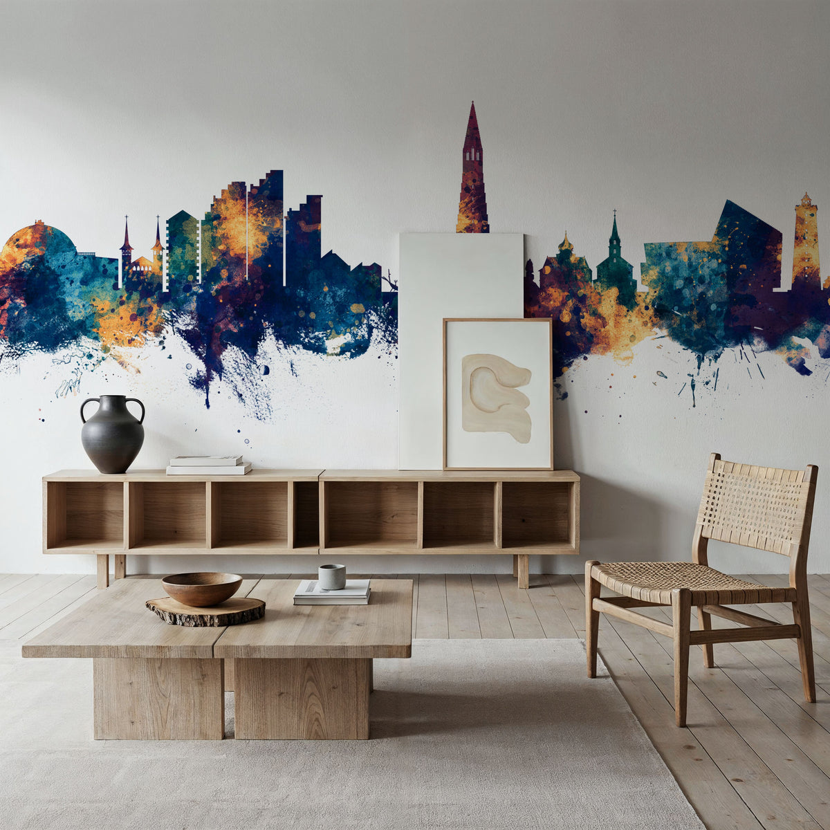 Reykjavík Skyline Blue & Bronze Mural Wallpaper - room preview 04