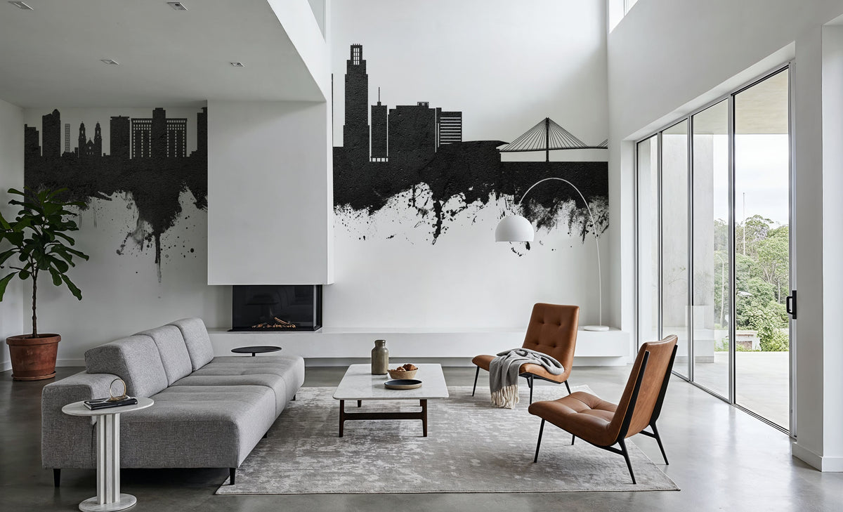 Omaha Nebraska Skyline Black & White Mural Wallpaper - room preview 04