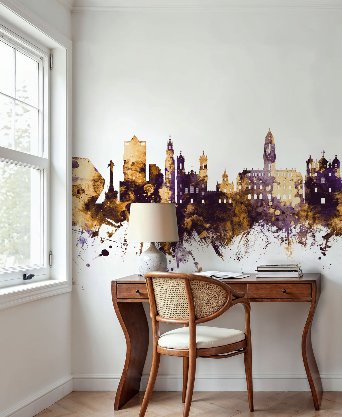 Porto Portugal Skyline Purple & Gold Mural Wallpaper - room preview 04